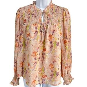 Ophelia Roe Smocked Floral Long Sleeve Blouse in Peach - S  NEW
